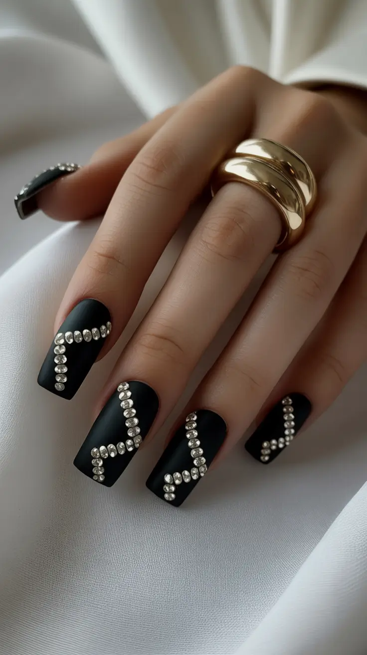 Trendy Dark Nails Winter 2025-2026 Matte Black with Rhinestone Geometry
