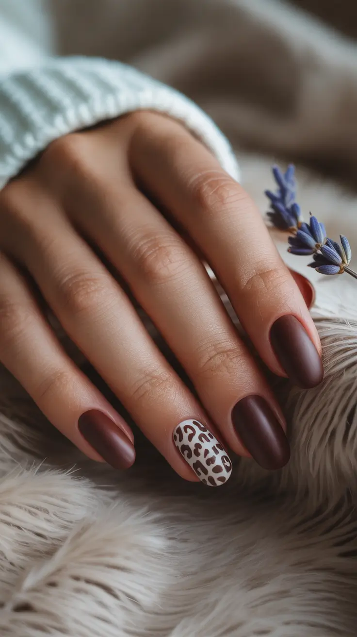 Trendy Dark Nails Winter 2025-2026 Velvety Brown with Leopard Accent