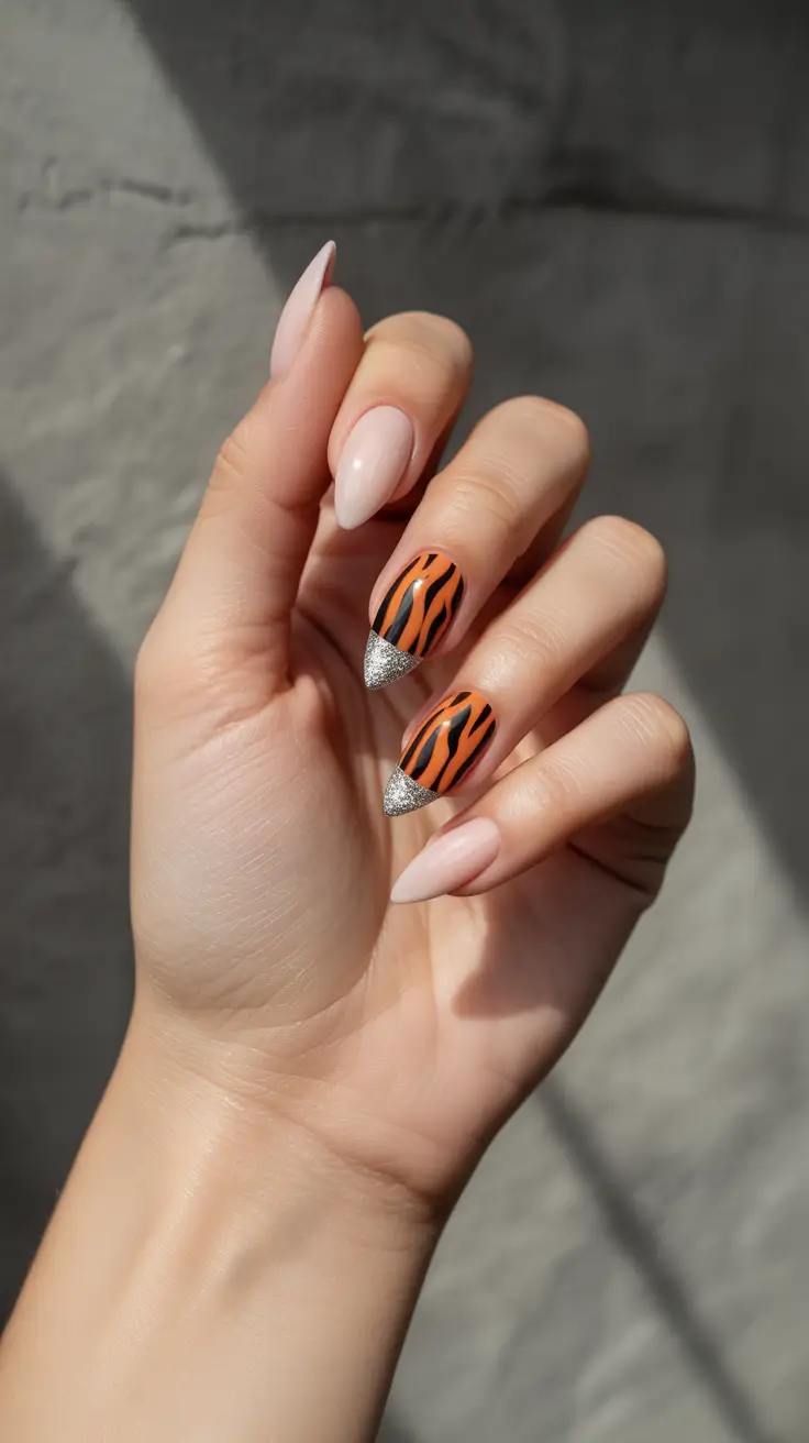 Trendy Dark Nails Winter 2025-2026 Tiger-Stripe French with Glitter Tips