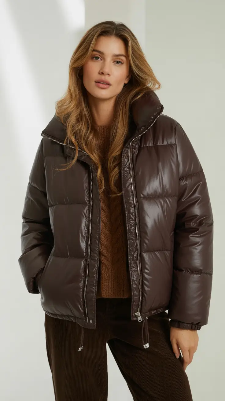 trendy outfits 2026 Chocolate Puffer Chic