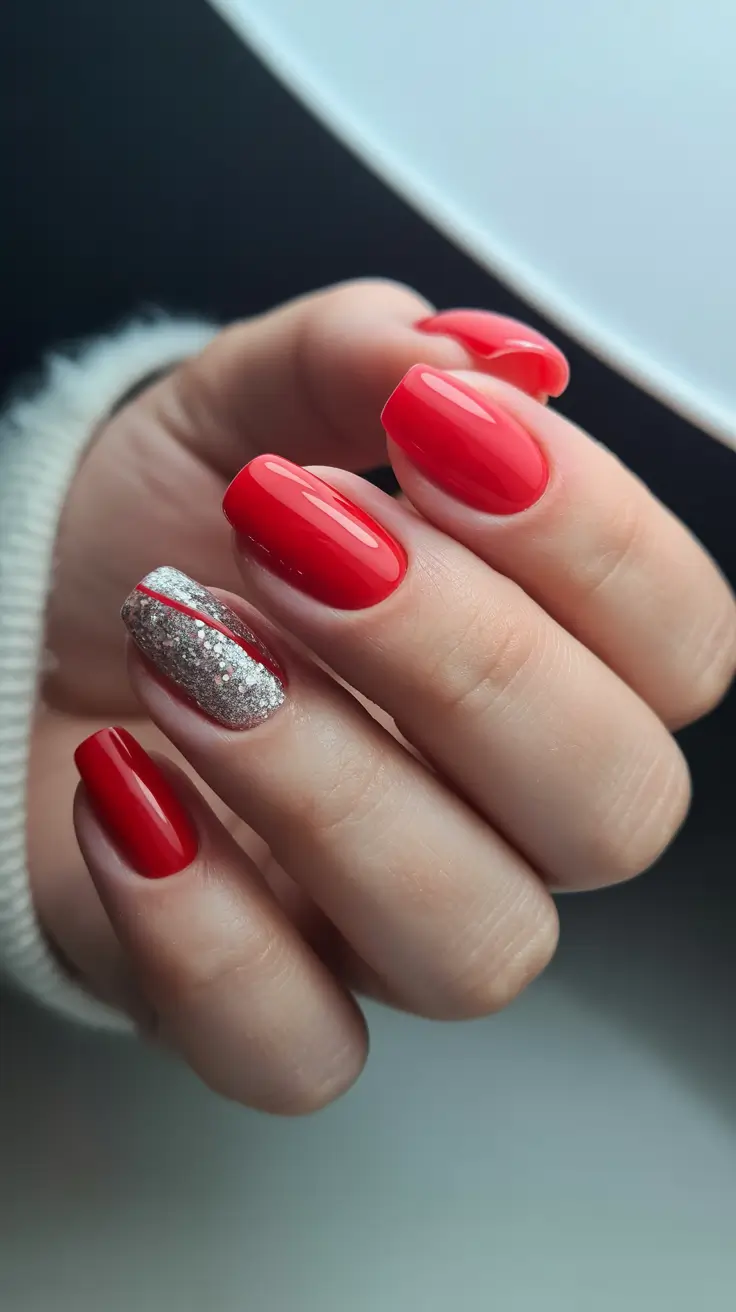 Trendy Red Nails Winter 2025-2026 Silver Spark & Glossy Crimson