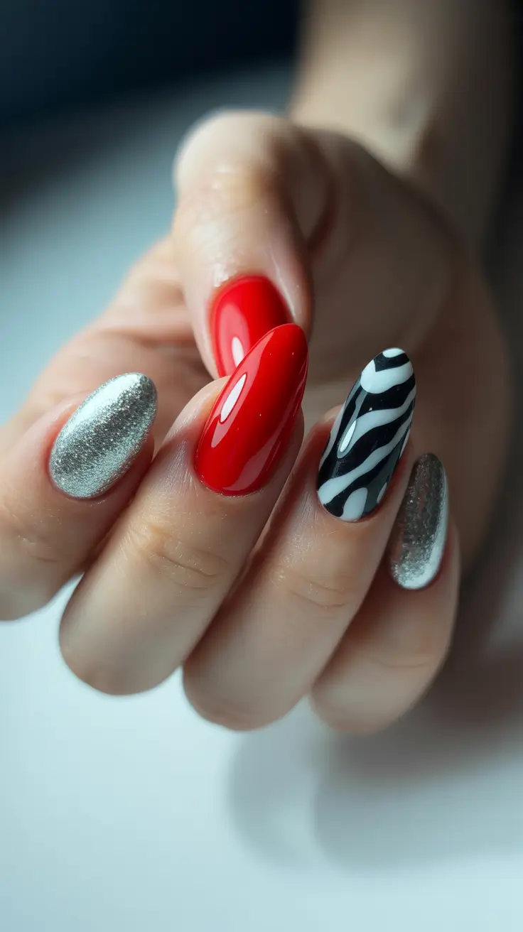Trendy Red Nails Winter 2025-2026 Red Meets Silver & Zebra