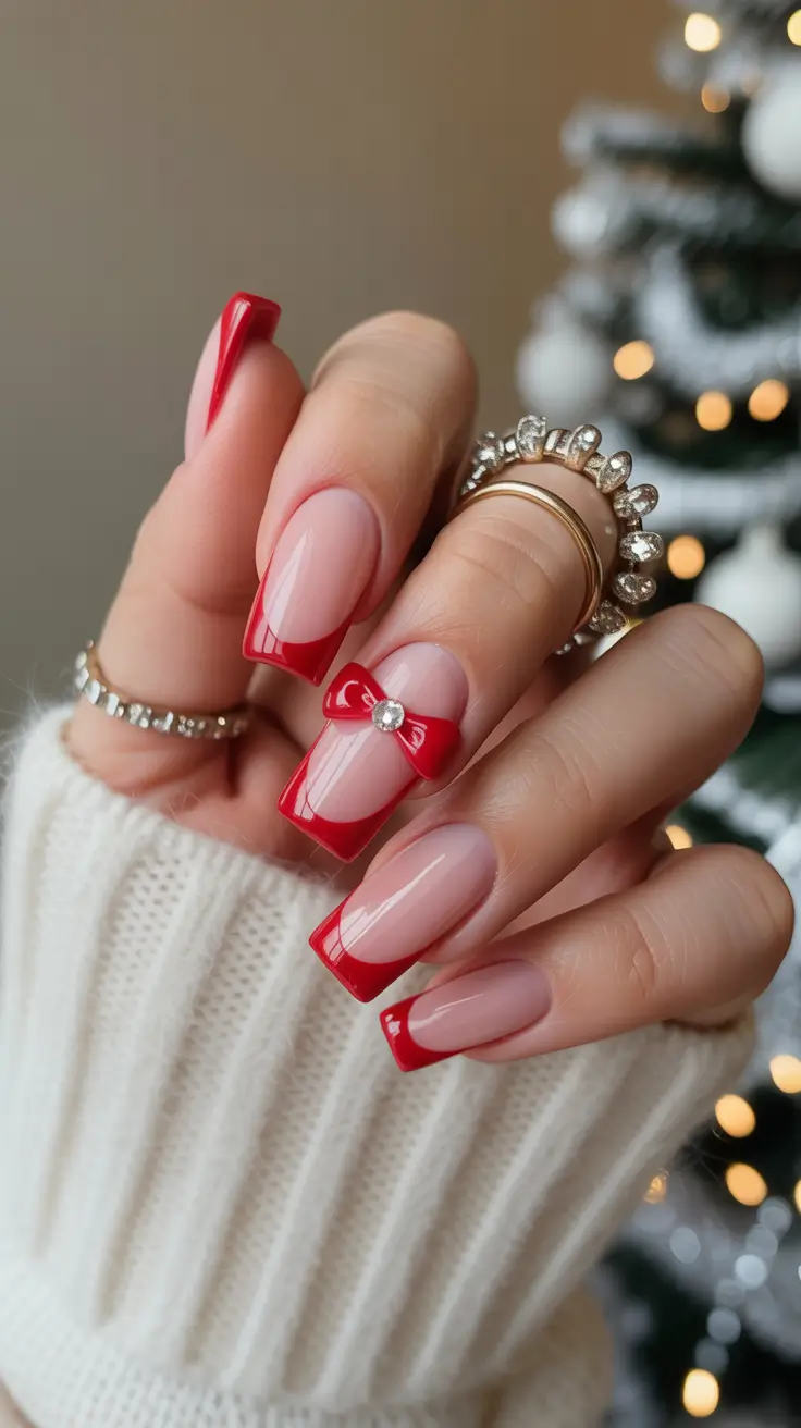 Trendy Red Nails Winter 2025-2026 Red Bow Elegance
