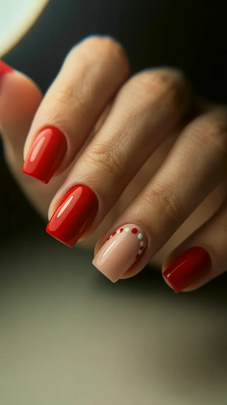 Trendy Red Nails Winter 2025-2026 Soft Nude with Red Polka Accents
