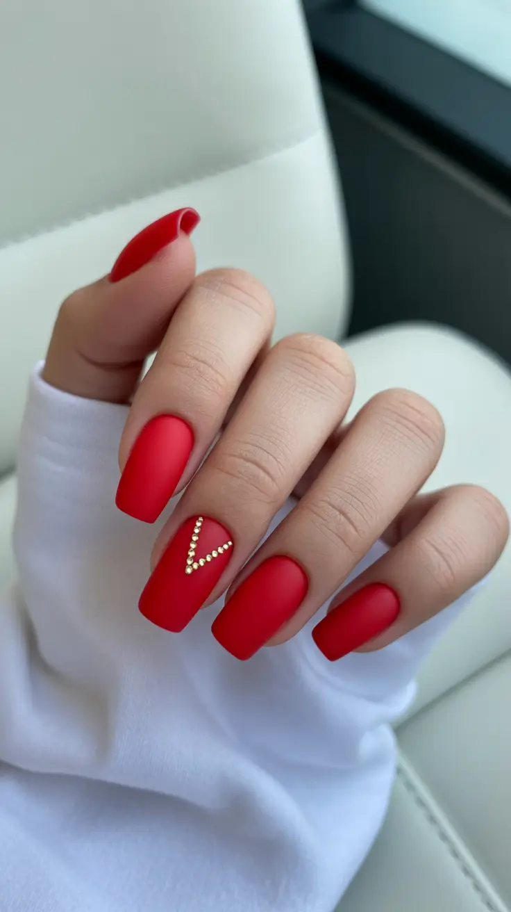 Trendy Red Nails Winter 2025-2026 Matte Red with Golden V Accent