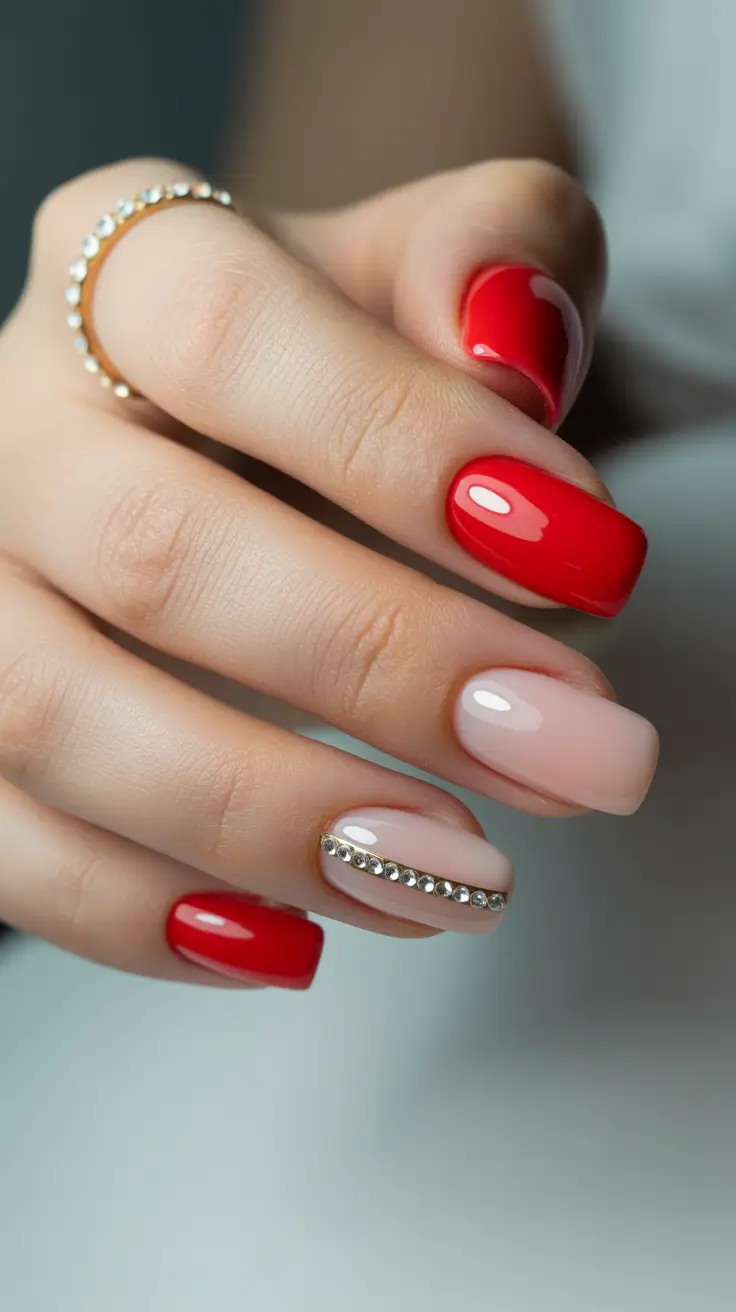 Trendy Red Nails Winter 2025-2026 Minimal Glam with Crystal Accent