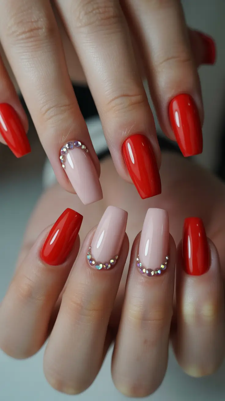 Trendy Red Nails Winter 2025-2026 Red Meets Nude: Subtle Sparkle Duo
