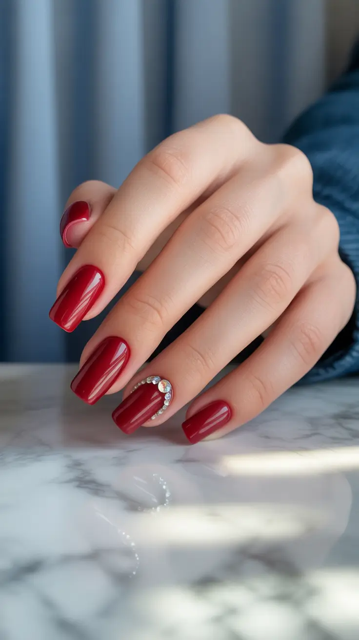 Trendy Red Nails Winter 2025-2026 Deep Red with Delicate Gem Curve