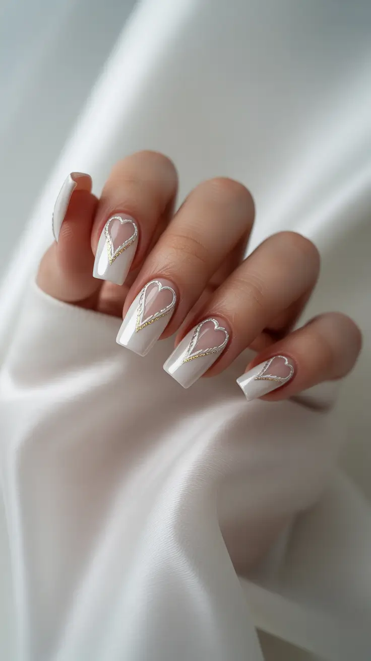 White Nail Trends Christmas 2025 Golden Heart Charm