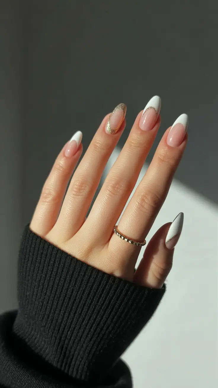 White Nail Trends Christmas 2025 Golden Frost French