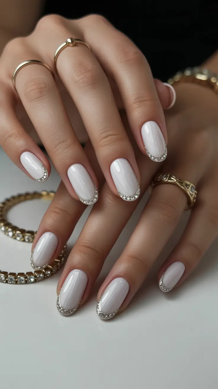 White Nail Trends Christmas 2025 Crystal-Edge Chic