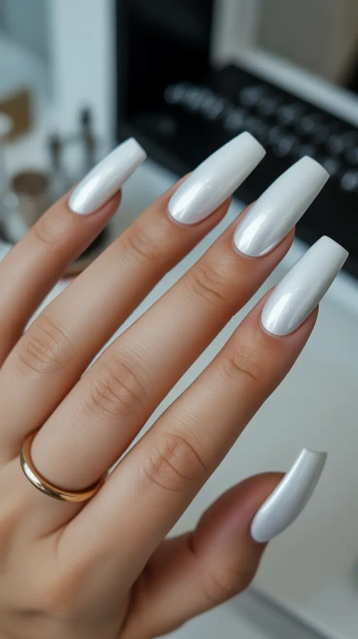 White Nail Trends Christmas 2025 Pearly White Coffin Shine