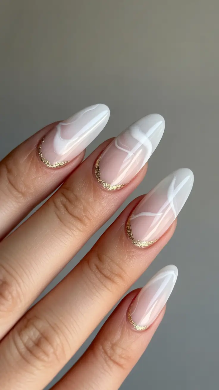 White Nail Trends Christmas 2025 Golden Veil Elegance
