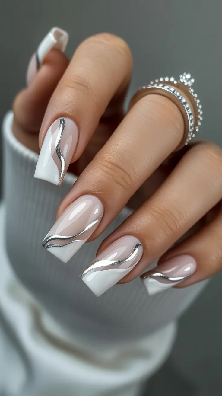 White Nail Trends Christmas 2025 Silver Wave Chic