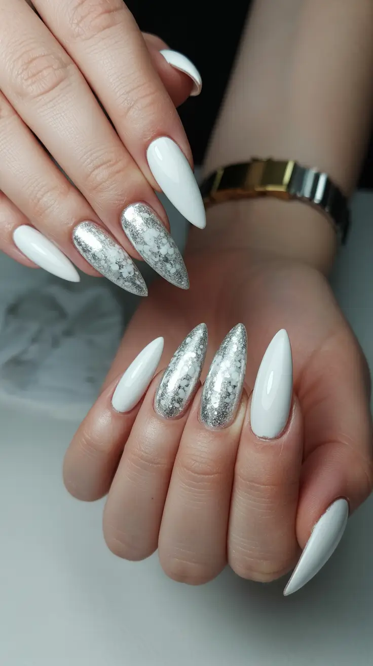 White Nail Trends Christmas 2025 Metallic Marble Magic