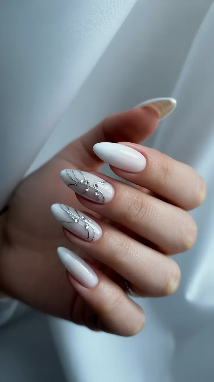 White Nail Trends Christmas 2025 Delicate Winter Vine with Rhinestones