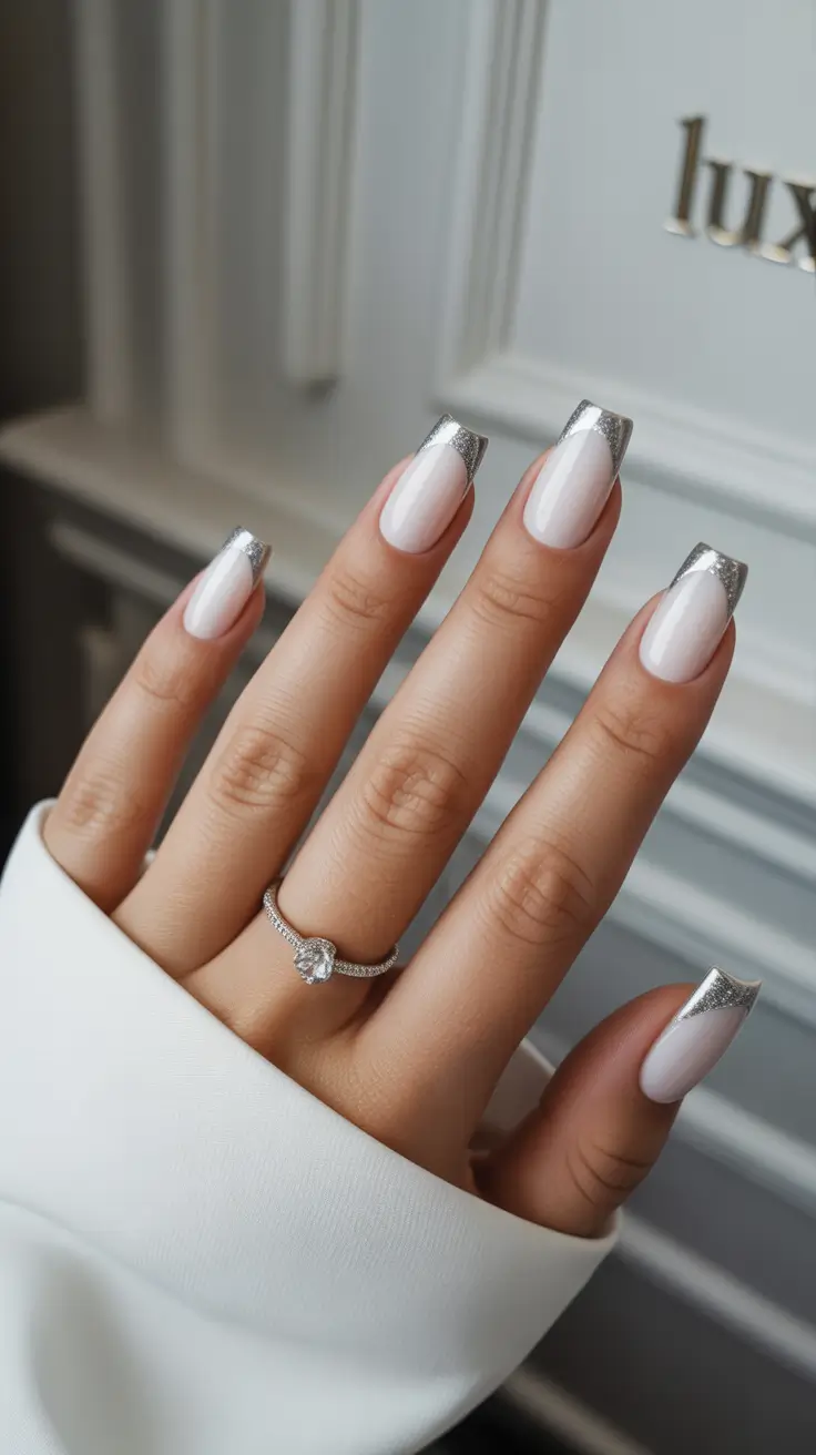 White Nail Trends Christmas 2025 Gilded Silver French Statement