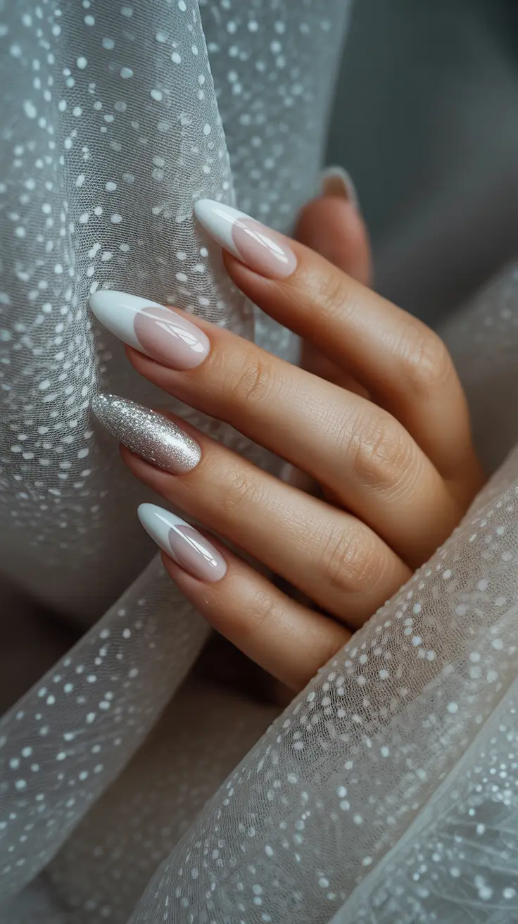 White Nail Trends Christmas 2025 Frosted French with a Touch of Sparkle