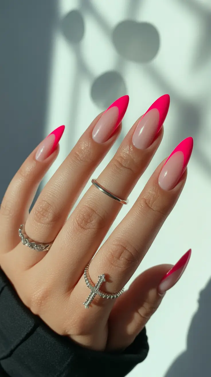 Winter Almond Nails 2025-2026 Hot Pink Frostbite Tips