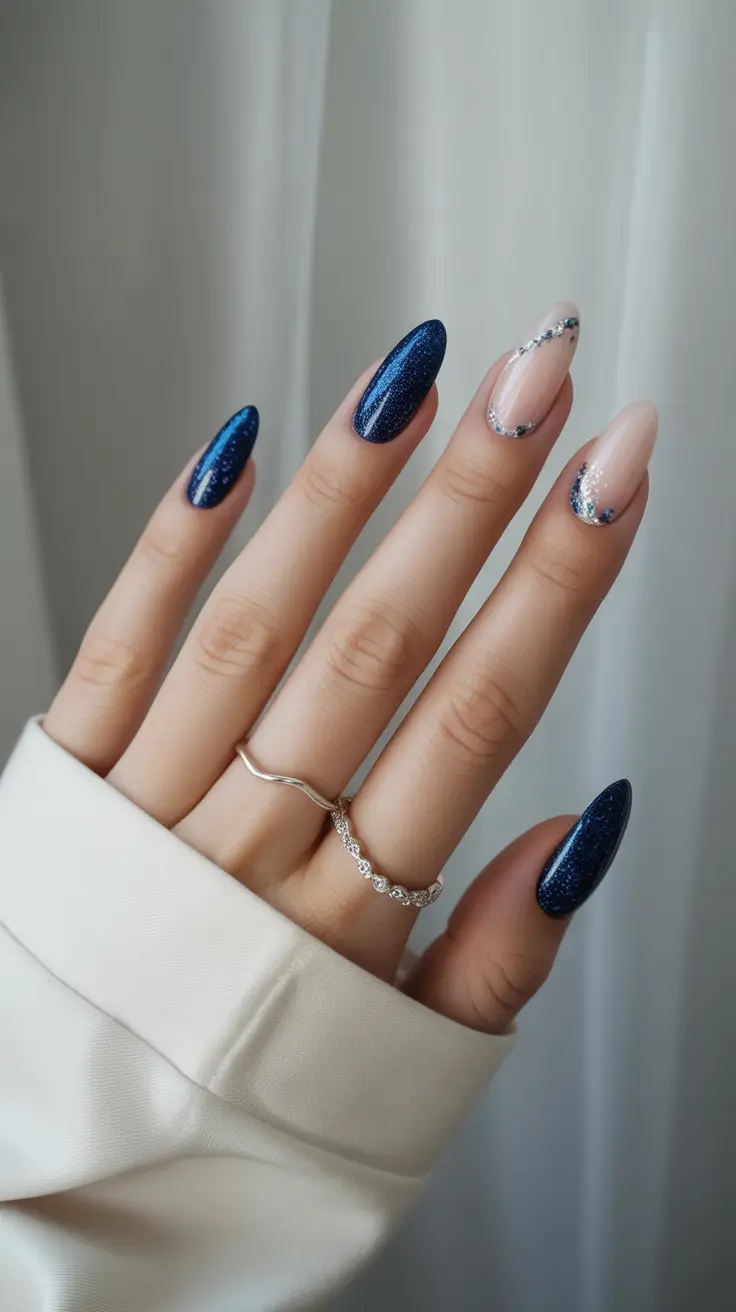 Winter Almond Nails 2025-2026 Cosmic Midnight Spark