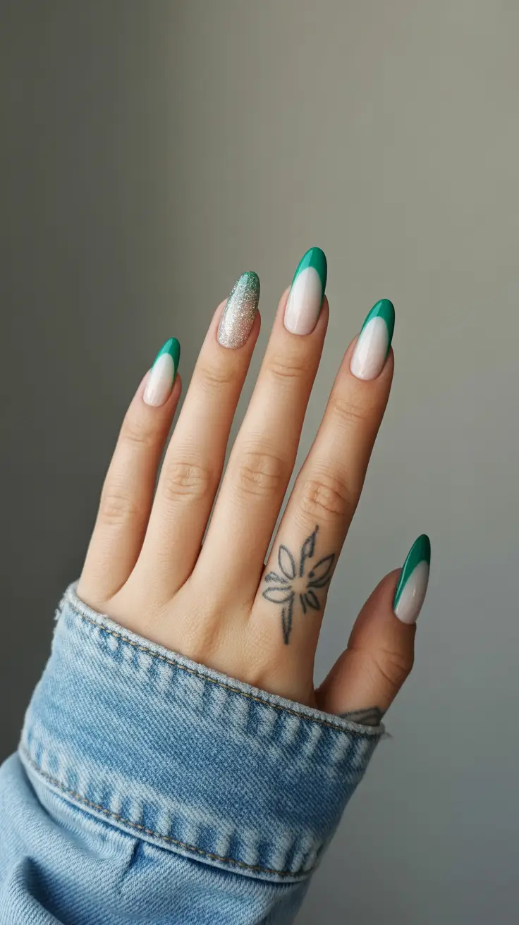 Winter Almond Nails 2025-2026 Emerald Mist French
