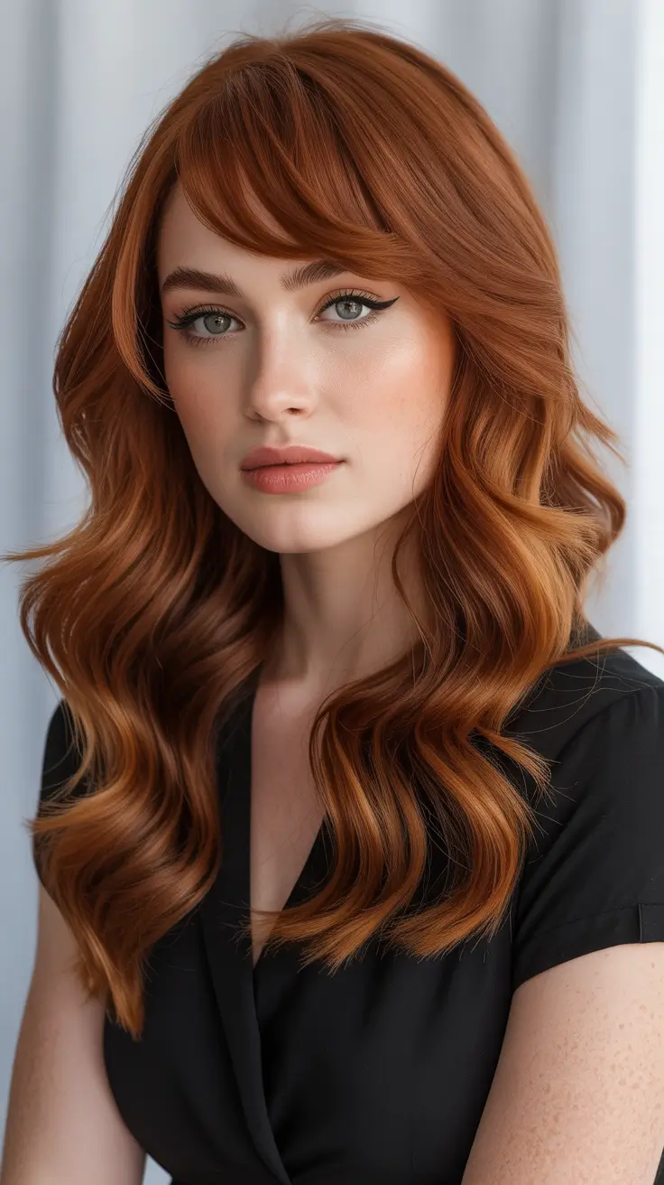 auburn hair color 2026 Playful Auburn with Bangs
