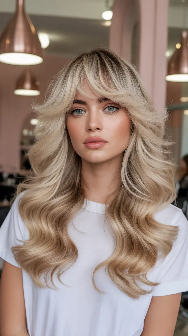 Blonde hair color 2026 for every skin tone Voluminous Golden Waves with Curtain Bangs