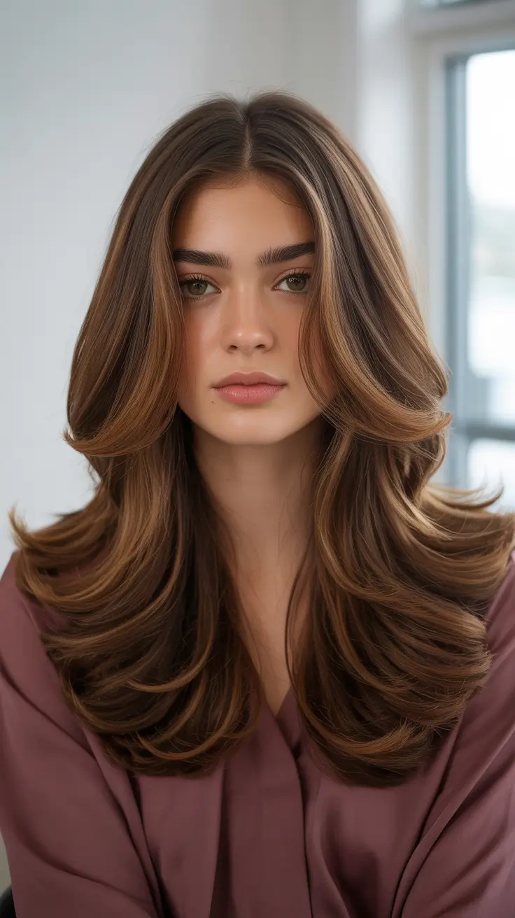 Brown hair colors 2026 with soft face-framing lights Soft Chocolate Layers with Golden Radiance