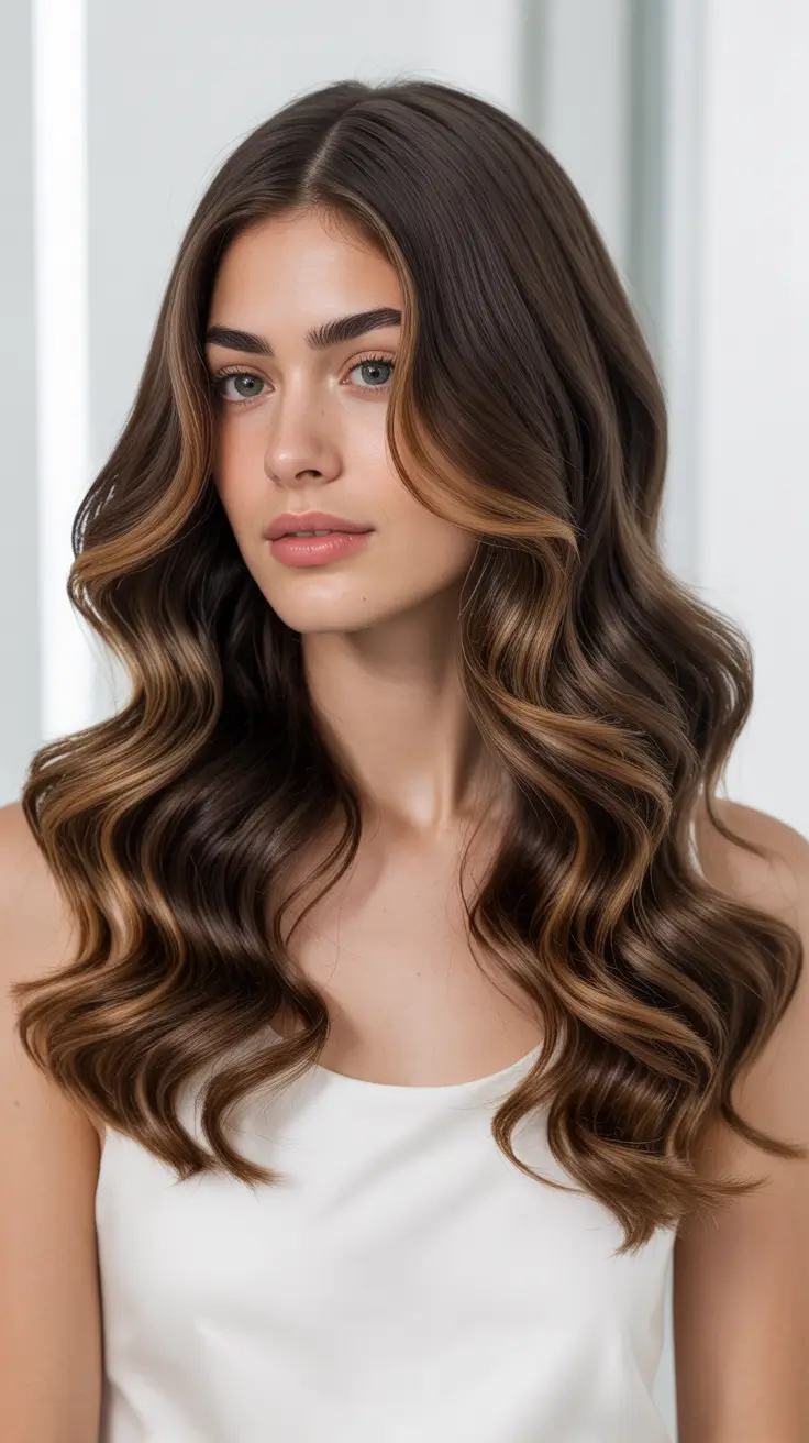Brown hair colors 2026 with soft face-framing lights Golden Mocha Curls with Soft Contrast