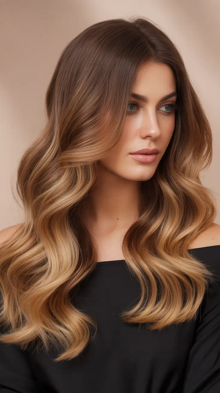 Brown hair colors 2026 with soft face-framing lights Golden Beige Balayage with Light Radiance