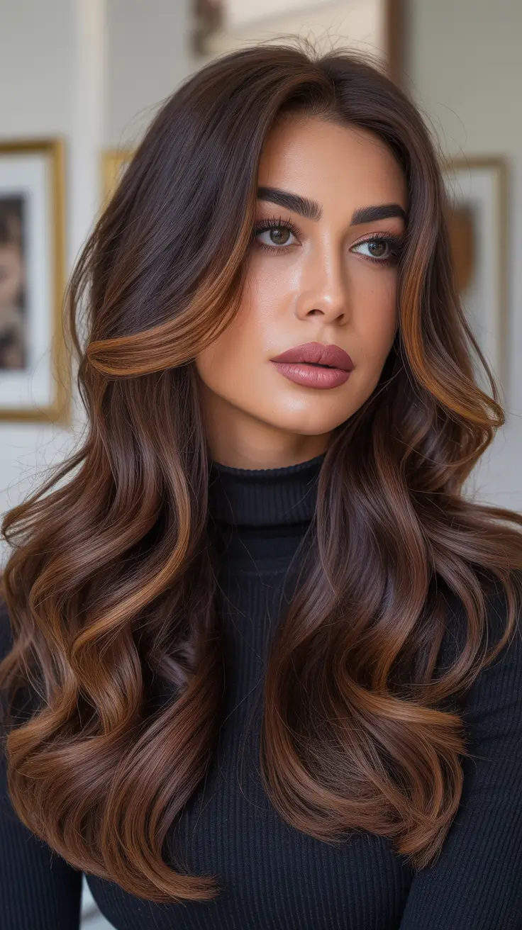 Brown hair colors 2026 with soft face-framing lights Chocolate Cinnamon Luxe with Subtle Warmth