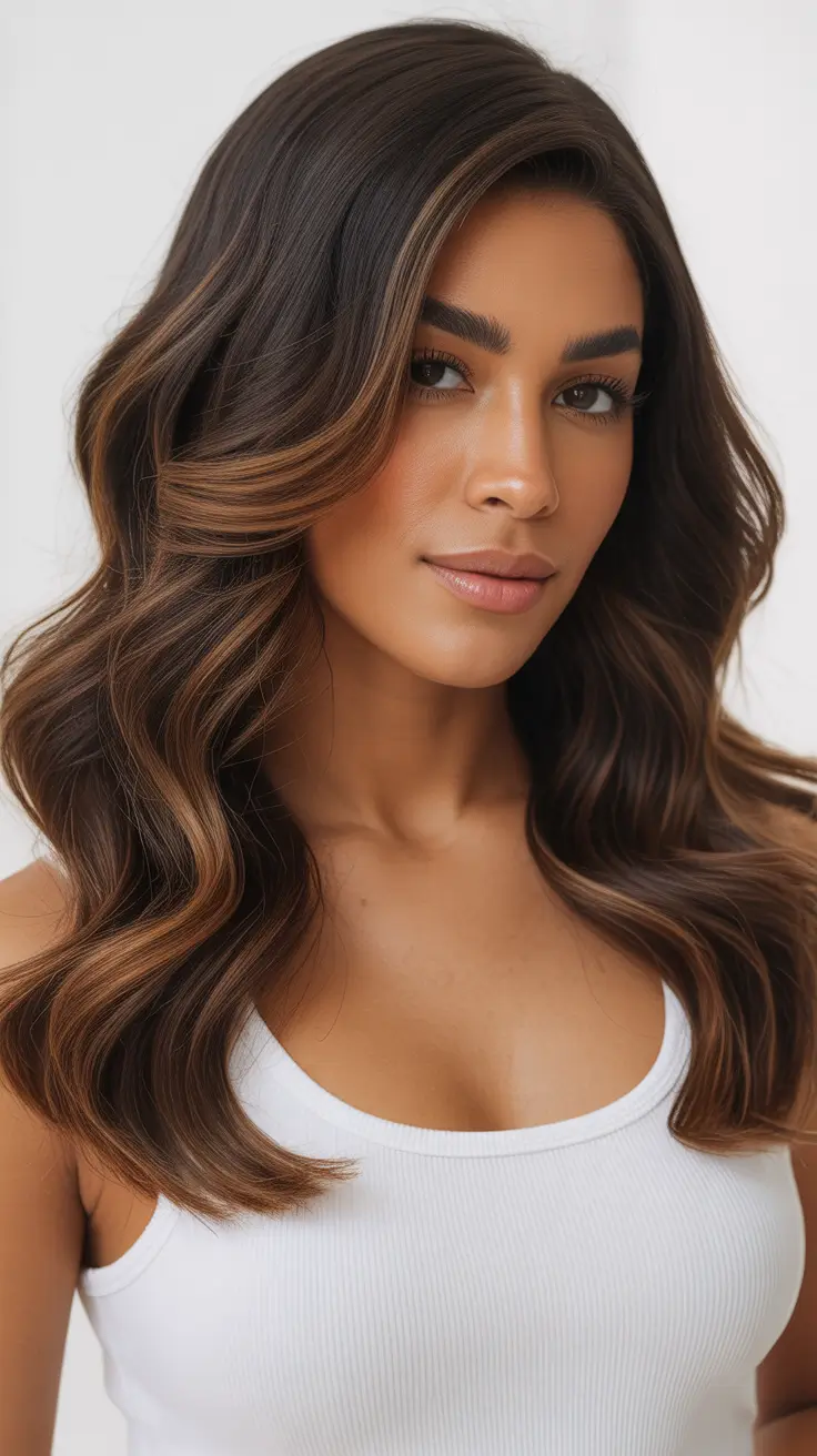 Brown hair colors 2026 with soft face-framing lights Bronze Espresso Lights on Cocoa Base