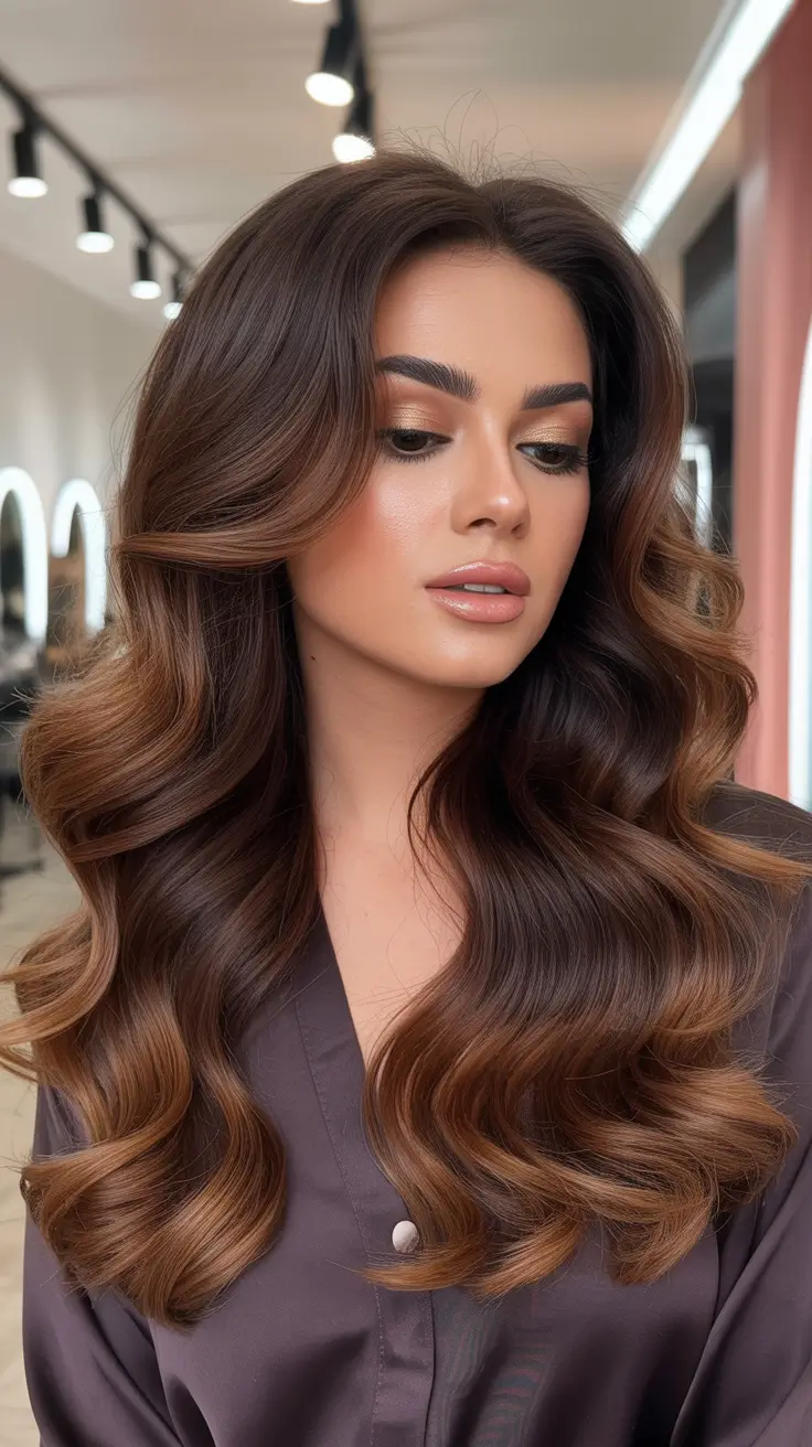 Brown hair colors 2026 with soft face-framing lights Rich Caramel Velvet with Dimensional Flow