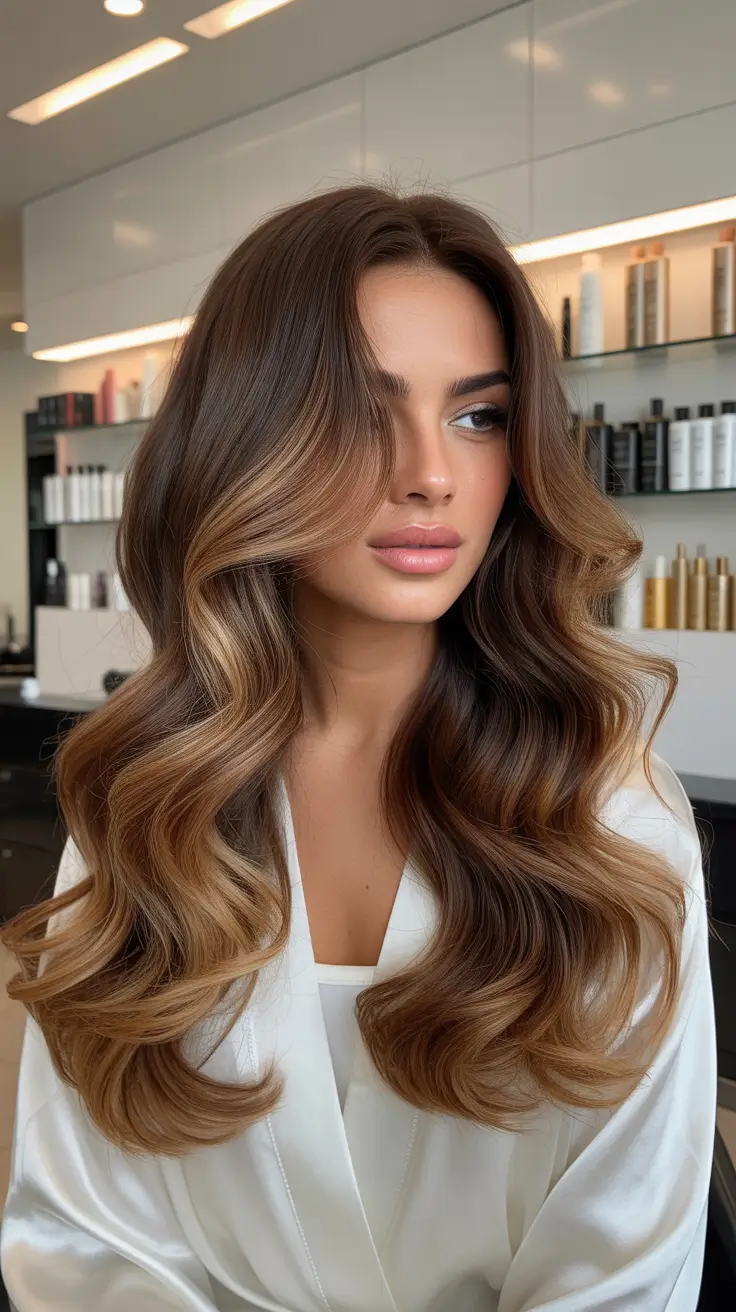 Brown hair colors 2026 with soft face-framing lights Soft Hazelnut Balayage with Natural Shine