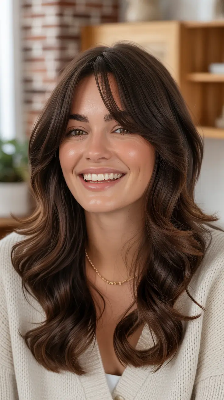 Brown hair colors 2026 with soft face-framing lights Classic Brunette with Curtain Bangs