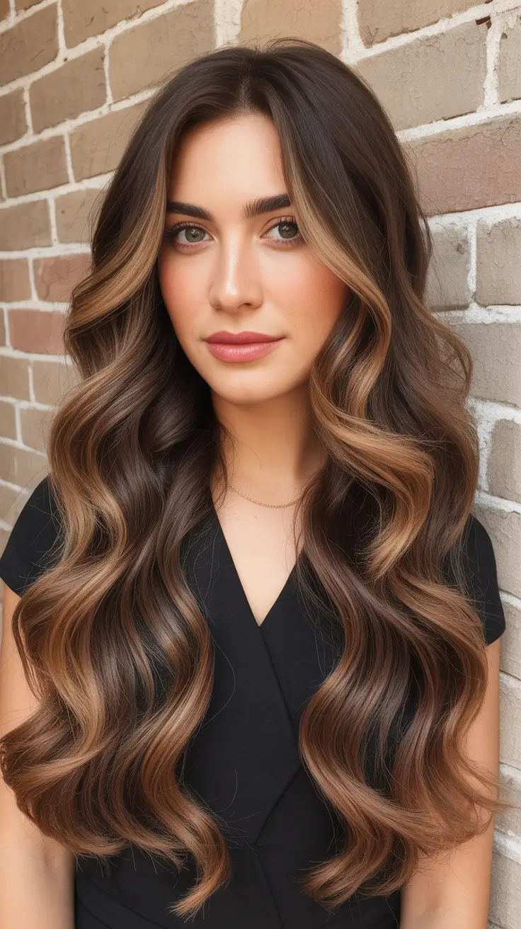 Brown hair colors 2026 with soft face-framing lights Bronzed Mocha Waves with Contrast Glow