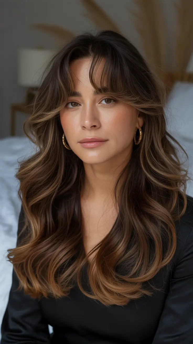 Brown hair colors 2026 with soft face-framing lights Chocolate Gold Balayage with Feathered Bangs