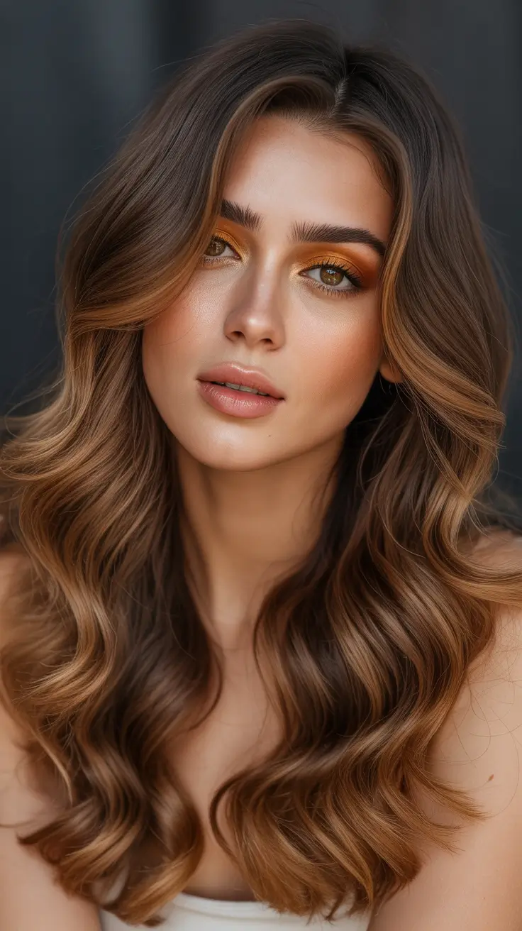 Brown hair colors 2026 with soft face-framing lights Honey-Toned Waves for a Sun-Kissed Finish