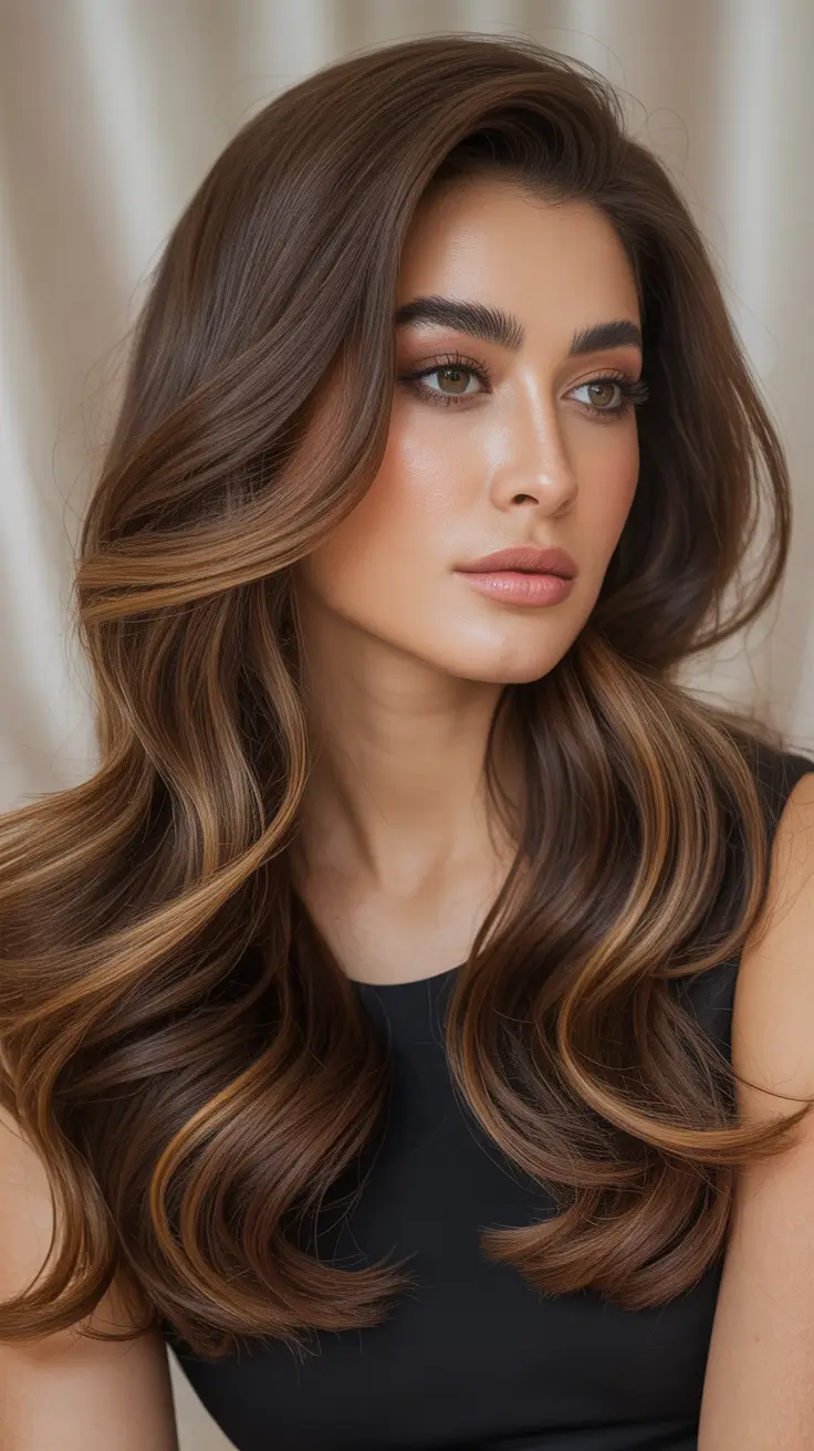 Brown hair colors 2026 with soft face-framing lights Copper-Touched Brunette with Soft Glow