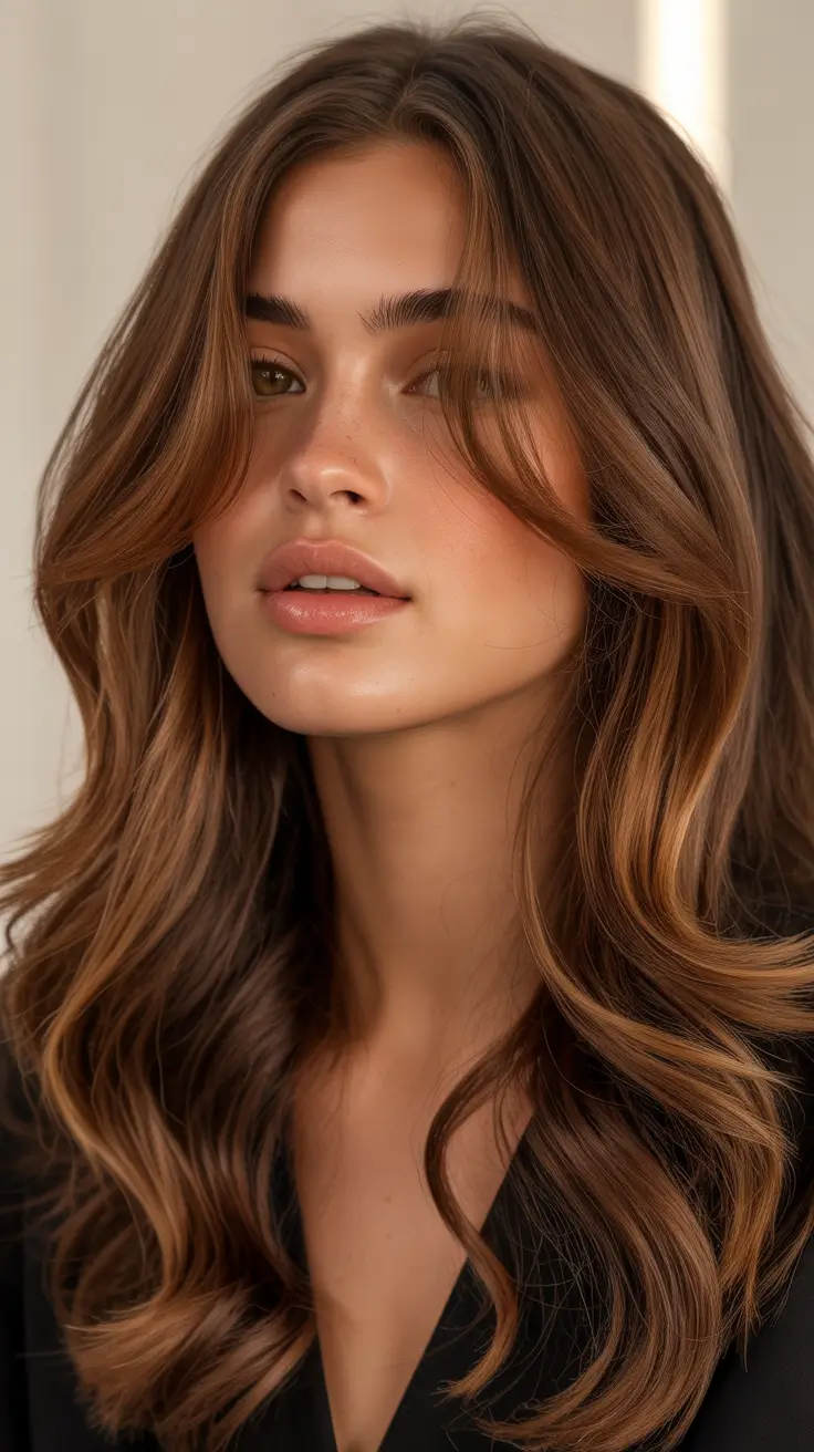 Brown hair colors 2026 with soft face-framing lights Caramel Balayage for Effortless Movement