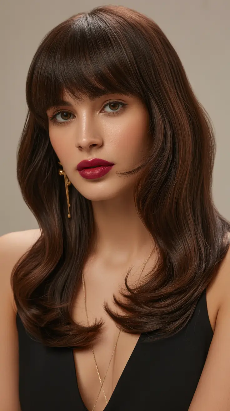 Brown hair colors 2026 with soft face-framing lights Classic Espresso with a Modern Fringe