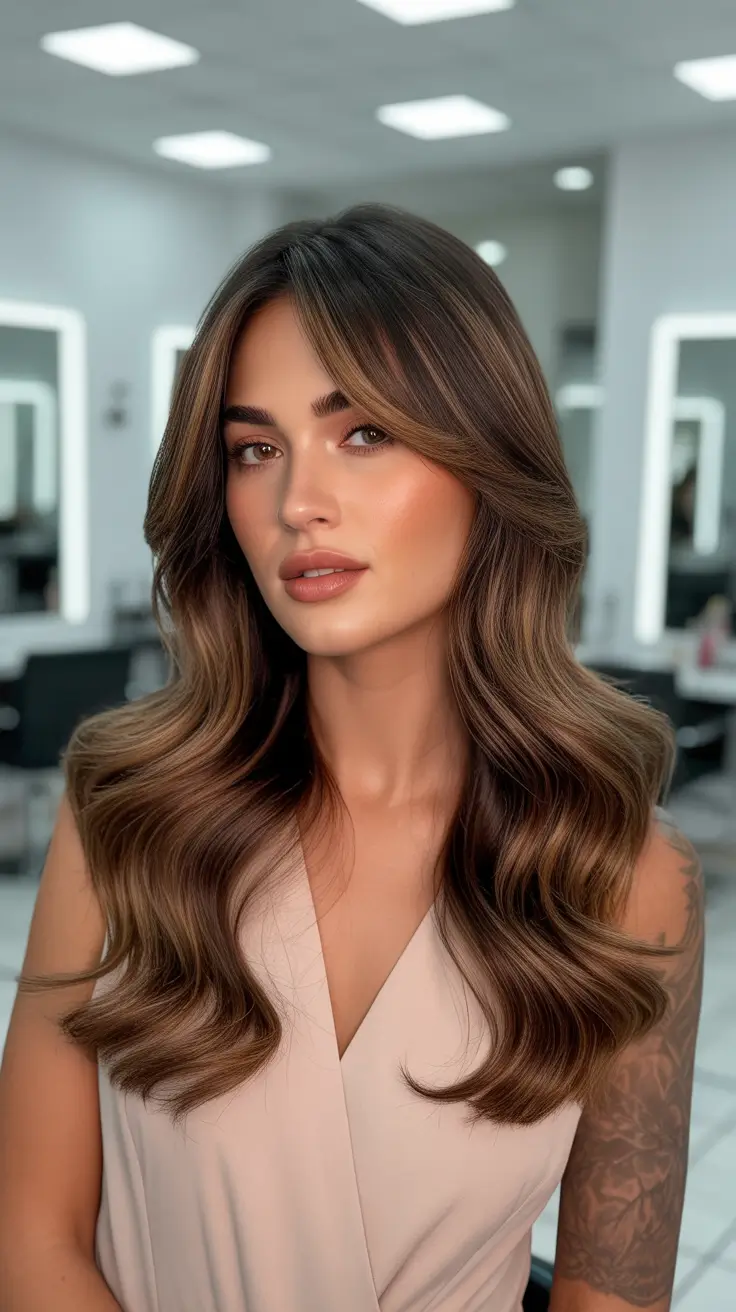 Brown hair colors 2026 with soft face-framing lights Teddy Bear Brunette with Balayage Warmth