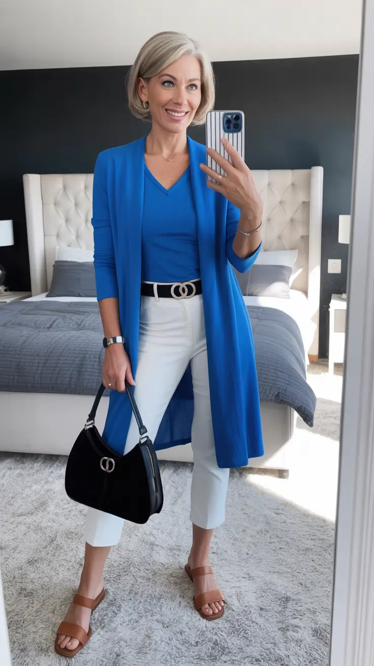 Chic outfits for women over 40 in 2026 Modern Monochrome in Electric Blue
