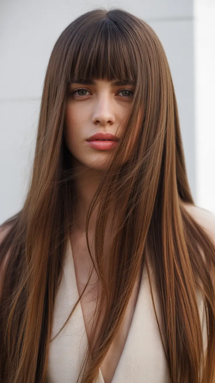 Classic brunette hair color 2026, modernized Velvet Espresso with Modern Fringe