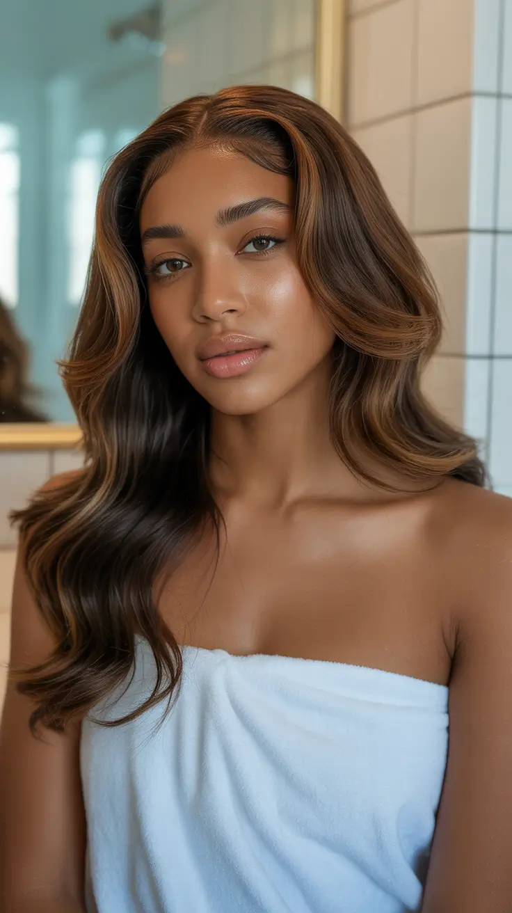 Classic brunette hair color 2026, modernized Golden Cocoa Flow