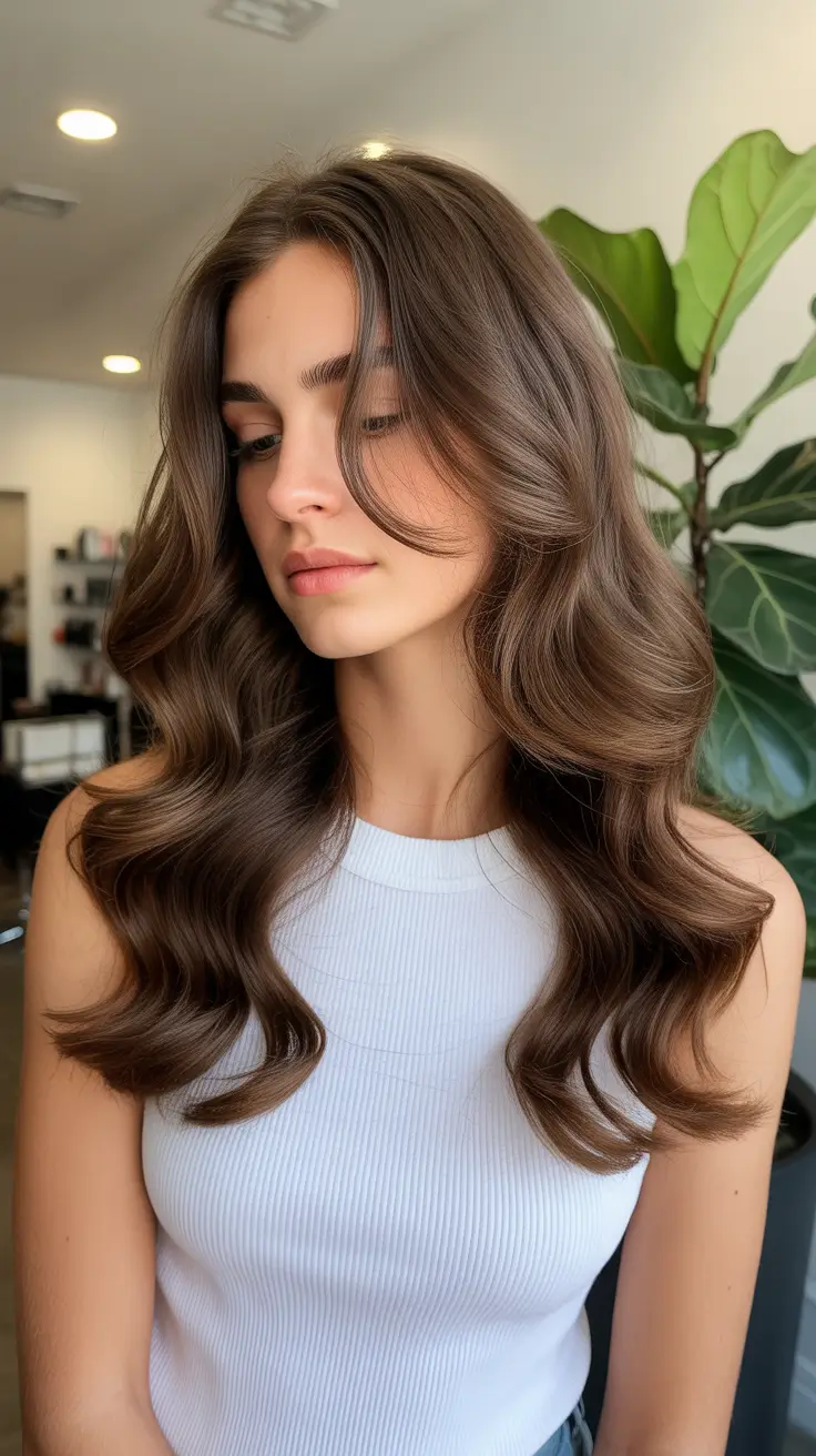 Classic brunette hair color 2026, modernized Soft Walnut Glam