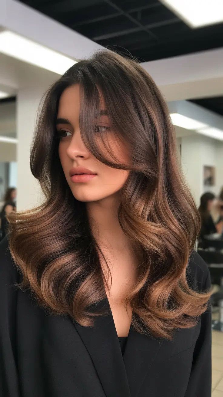 Classic brunette hair color 2026, modernized Toffee Ribbon Layers