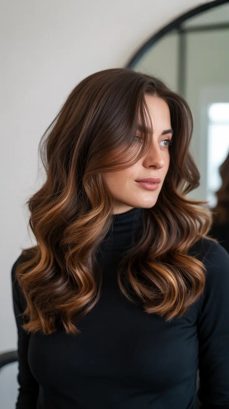 Classic brunette hair color 2026, modernized Warm Balayage Dimension