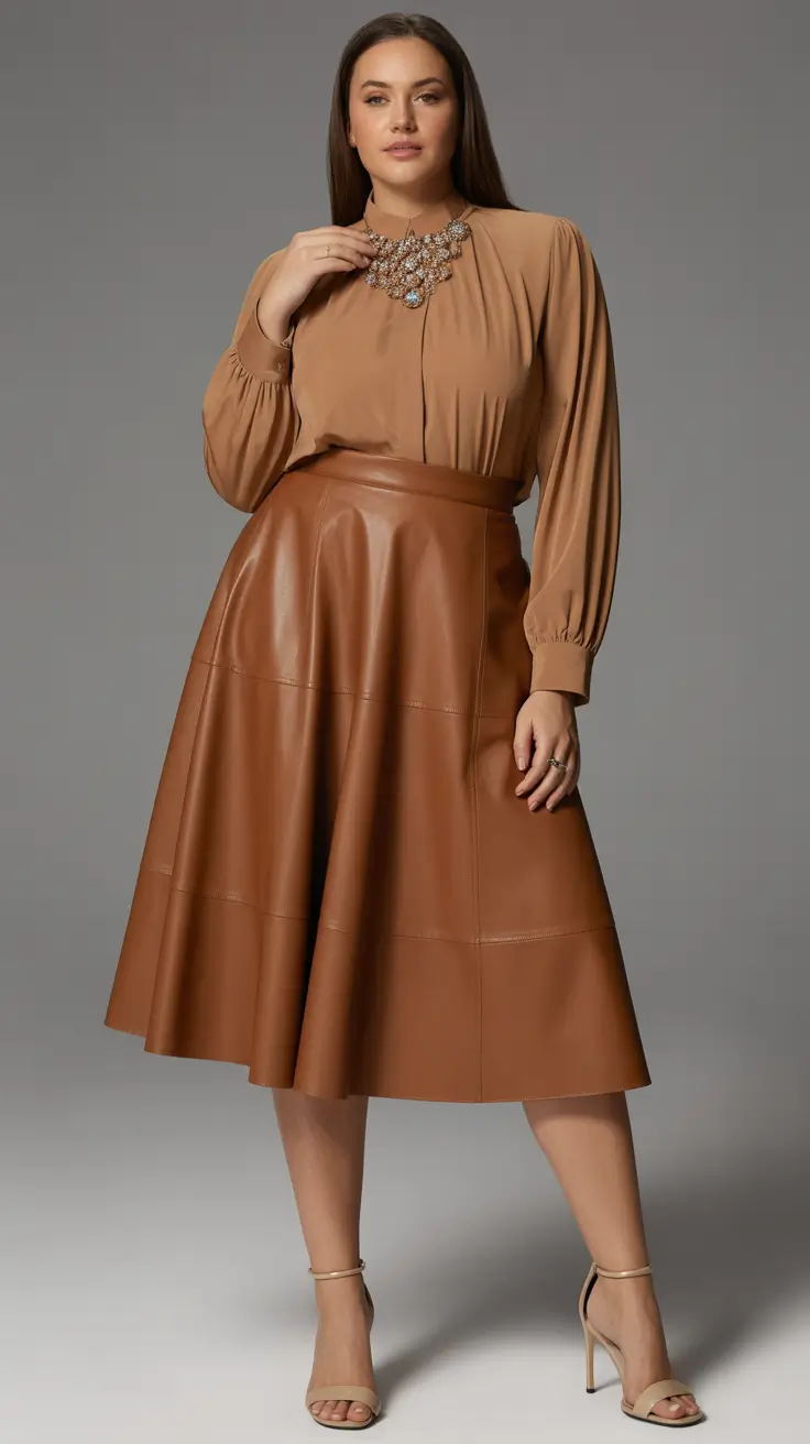 curvy outfits inspo for women 2026 Caramel Leather Statement