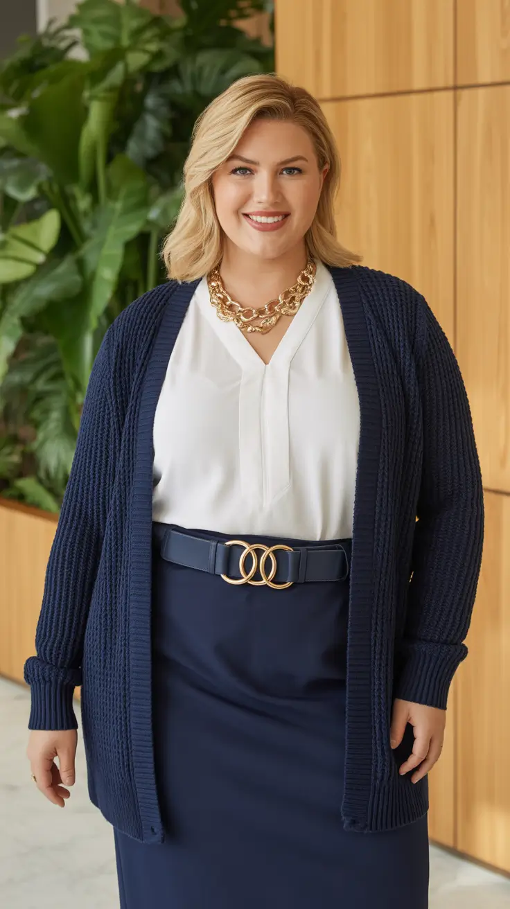 Cute women plus-size outfits 2026 Navy Charm and Gold Grace